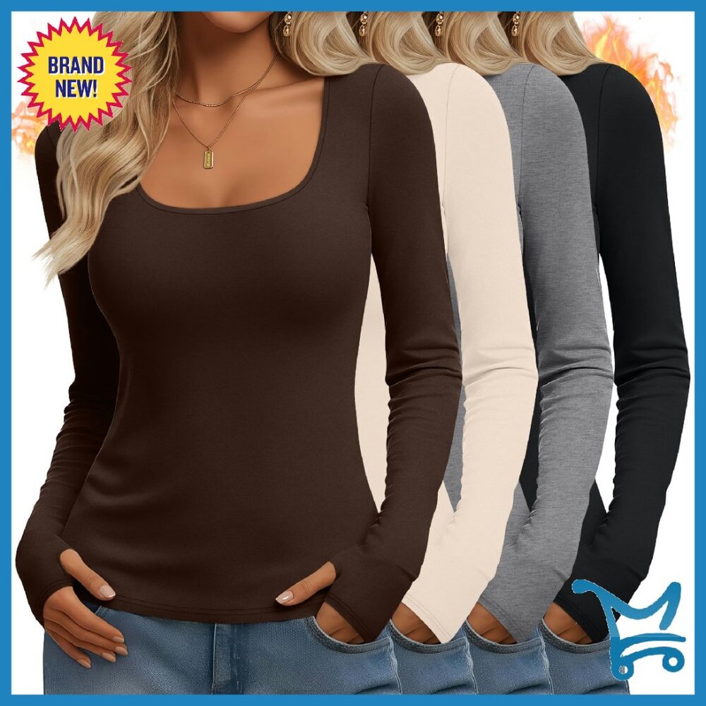 4 Pack Women's Thermal Long Sleeve Shirts Fleece Scoop Neck Slim Fit